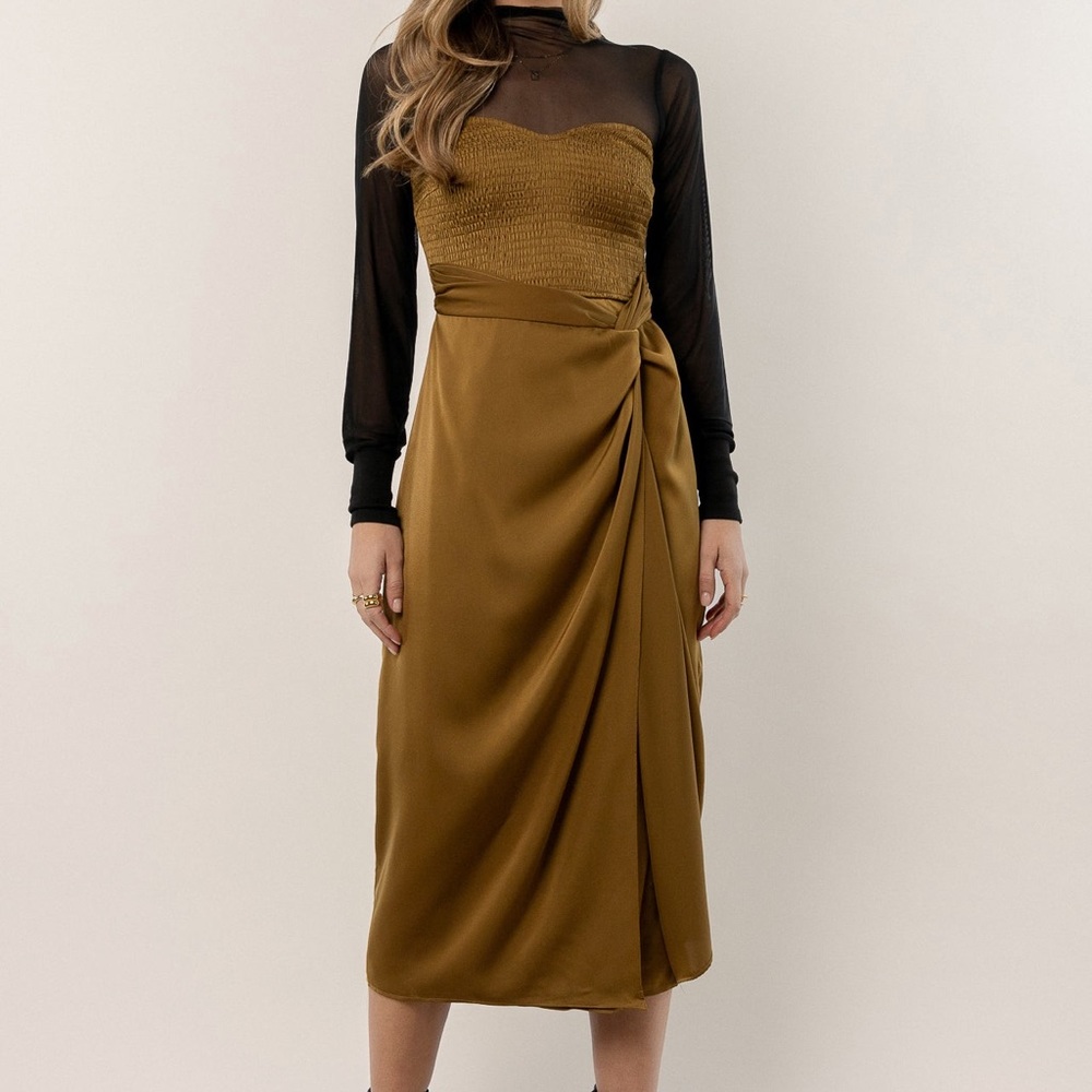 Olive Satin Strapless Midi Dress